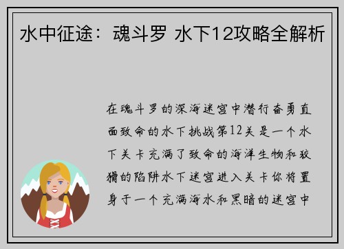 水中征途：魂斗罗 水下12攻略全解析
